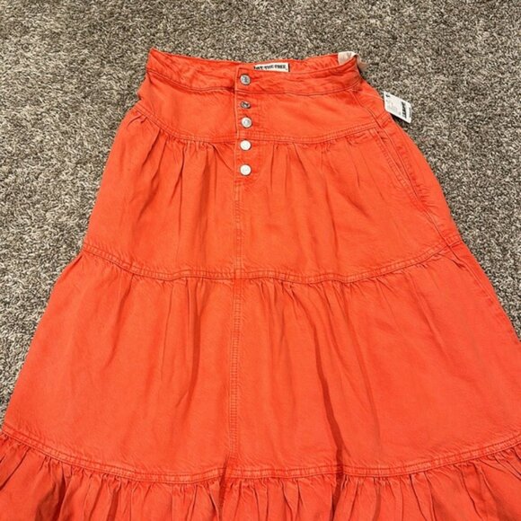 Free People We The Free Denim Dreamweaver Tiered Maxi Skirt Fire Orange - Picture 5 of 8